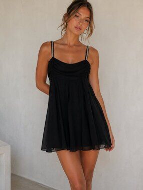 Mango Black Silk A Line Mini Dress Beaded Strap Y2K Womens 6 Party Babydoll
